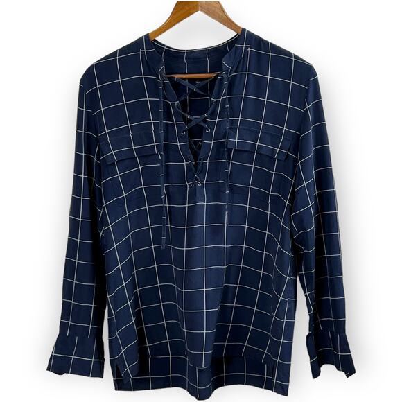 Madewell Silk Windowpane Lace Up Blouse Navy Long Sleeve Size S - Picture 2 of 10